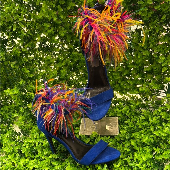 Cape Robbin Shoes - Vibrant Blue Women's Heels with Multicolor Feather Detail